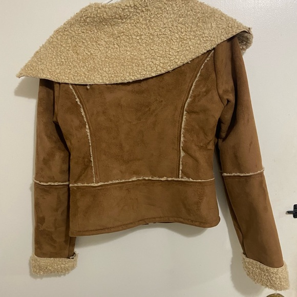 Decree Brown Faux Suede Shearling Bomber Jacket with Cream Trim - Picture 7 of 8